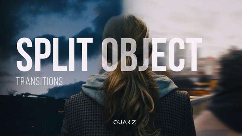 Puede incluir: La imagen presenta el texto "SPLIT OBJECT" y "TRANSITIONS" en blanco, superpuesto sobre un fondo borroso de una persona y un paisaje urbano. La persona lleva una chaqueta y una sudadera con capucha. El logotipo "QUARZ." est&aacute; en la parte inferior.