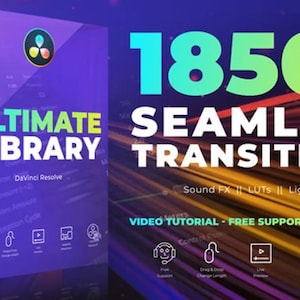 Puede incluir: Una caja morada con el texto "ULTIMATE LIBRARY" y "1850+ SEAMLESS TRANSITIONS". La caja tambi&eacute;n incluye el texto "DaVinci Resolve" y "Sound FX || LUTS || Light Leaks". La imagen tambi&eacute;n incluye el texto "VIDEO TUTORIAL - FREE SUPPORT - FREE UPDATES".