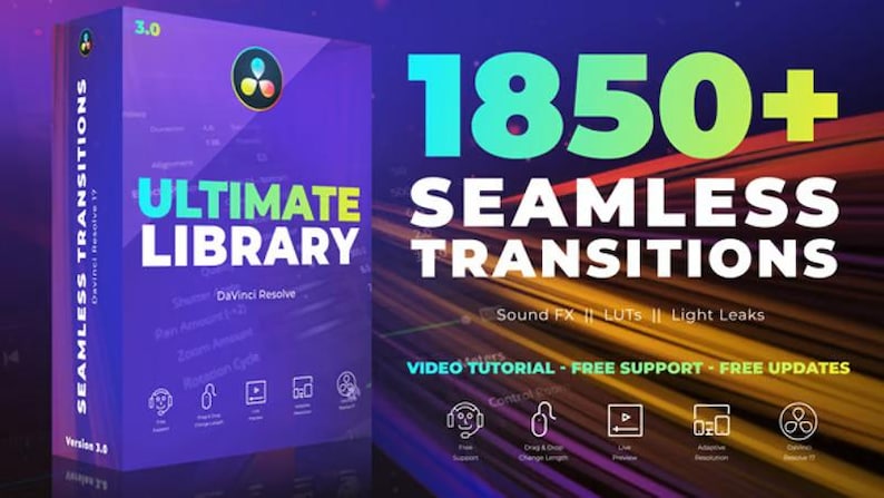 Puede incluir: Una caja morada con el texto "ULTIMATE LIBRARY" y "1850+ SEAMLESS TRANSITIONS". La caja tambi&eacute;n incluye el texto "DaVinci Resolve" y "Sound FX || LUTS || Light Leaks". La imagen tambi&eacute;n incluye el texto "VIDEO TUTORIAL - FREE SUPPORT - FREE UPDATES".