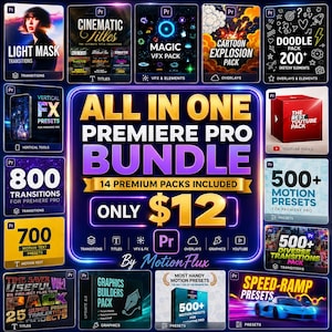 May include: A promotional graphic for Premiere Pro bundles. The central text reads "ALL IN ONE PREMIERE PRO BUNDLE" with "14 PREMIUM PACKS INCLUDED" and "ONLY £9.50". Various packs are displayed, including transitions, titles, VFX, overlays, and graphics.