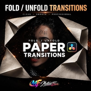 Könnte beinhalten: Eine digitale Grafik mit dem Text FOLD / UNFOLD TRANSITIONS, CLEAN, SMOOTH, PROFESSIONAL und PAPER TRANSITIONS. In der Mitte ist eine Person mit dunklem lockigem Haar und Text auf der Stirn zu sehen, eingerahmt von weißen Papierrändern.