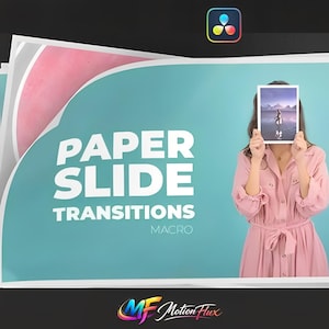 Puede incluir: Un gráfico turquesa y rosa con las palabras "PAPER SLIDE TRANSITIONS MACRO". Una persona sostiene una imagen frente a su rostro. El logotipo de Motion Flux está en la parte inferior.