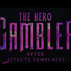 May include: A dark background with the words "THE HERO GAMBLER" in large, stylized, pink and purple letters. Below, the text "AFTER EFFECTS TEMPLATES" is in smaller, white letters. A colorful "Pr" logo is in the upper right corner.
