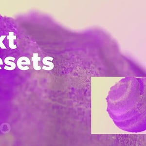 May include: An abstract design in shades of purple and white, featuring the text "Text Presets" in white. The background is blurred, with a small inset image of a purple swirl.