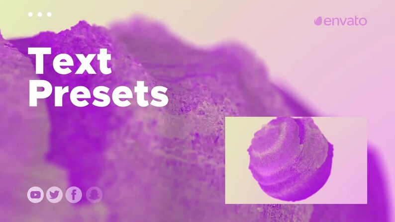May include: An abstract design in shades of purple and white, featuring the text "Text Presets" in white. The background is blurred, with a small inset image of a purple swirl.