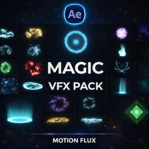 May include: A dark background with a grid of glowing visual effects. The word "MAGIC" is in large white letters, with "VFX PACK" below it. The text "MOTION FLUX" is at the bottom. A blue "Ae" logo is at the top.