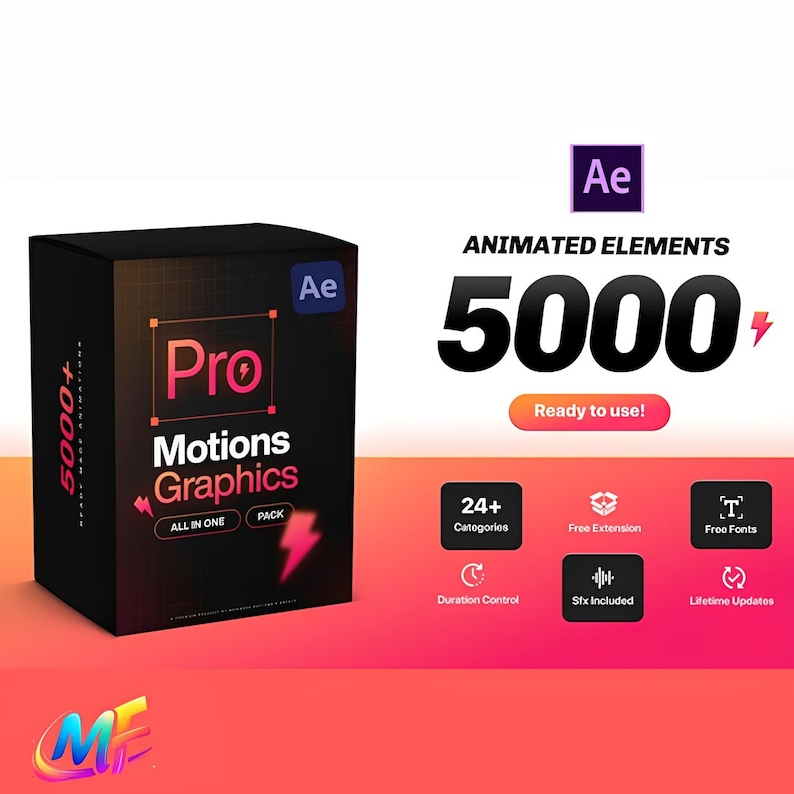 May include: A black box with the text "Pro Motions Graphics" and "ALL IN ONE PACK" in white and pink. The box also has the text "5000+" and a lightning bolt graphic. The background is a gradient of red and orange.