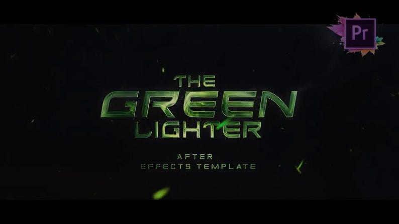 May include: Dark background with the words "THE GREEN LIGHTER" in a glowing green font. Below, it reads "AFTER EFFECTS TEMPLATE". A purple and pink logo is in the upper right corner.