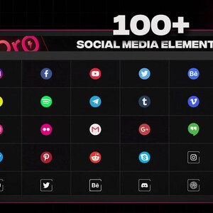 May include: A digital interface displays over 100 social media elements. The icons of Instagram, Facebook, YouTube, Twitter, and others are arranged on a dark background. The text "100+ SOCIAL MEDIA ELEMENTS" is displayed at the top.