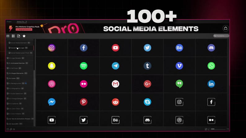 May include: A digital interface displays over 100 social media elements. The icons of Instagram, Facebook, YouTube, Twitter, and others are arranged on a dark background. The text "100+ SOCIAL MEDIA ELEMENTS" is displayed at the top.