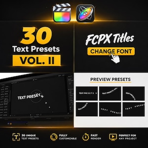May include: A promotional graphic for Final Cut Pro X (FCPX) text presets. The image features the text "30 Text Presets VOL. II" in yellow, along with the words "FCPX Titles" and "Change Font." Additional text includes "Preview Presets" and "30 Unique Text Presets."