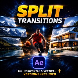 After Effects gesplitst overgangspakket, naadloze video-overgangen, verticale horizontale sjablonen
