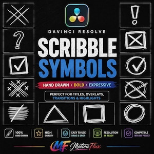 May include: A digital graphic display for DaVinci Resolve Scribble Symbols featuring white hand-drawn icons like checkmarks, circles, squares, and triangles on a black background. The text reads DaVinci Resolve Scribble Symbols, Hand Drawn, Bold, Expressive, and includes technical feature icons at the bottom.
