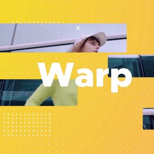 May include: A yellow background with white dots and rectangular cutouts. The word "Warp" is in large white letters. A person wearing a white hat and a yellow sweater is visible in the cutouts.