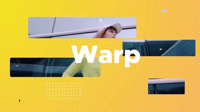 May include: A yellow background with white dots and rectangular cutouts. The word "Warp" is in large white letters. A person wearing a white hat and a yellow sweater is visible in the cutouts.