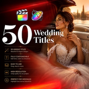 May include: A digital graphic advertisement for 50 Wedding Titles featuring a person in a white lace wedding dress sitting in a car. The text includes 50 Wedding Titles, 50 UNIQUE TITLES, FULLY CUSTOMIZABLE, EASY TO USE, 4K, and HIGH RESOLUTION.