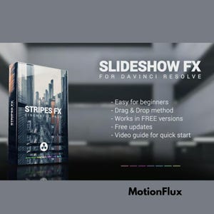 Może przedstawiać: Pudełko produktu "STRIPES FX CINEMATIC PACK" z obrazem krajobrazu miejskiego. Tekst w tle brzmi "SLIDESHOW FX FOR DAVINCI RESOLVE". Dodatkowy tekst zawiera "Easy for beginners" i "MotionFlux".