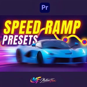 Può includere: Grafica digitale con un'auto sportiva blu e la scritta "SPEED RAMP PRESETS" in giallo. Sfondo viola scuro con il logo colorato "Motion Flux".