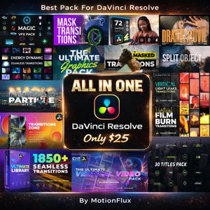 DaVinci Resolve Ultimate Effects Bundle, allt-i-ett videoredigeringspaket med övergångar, titlar, överlägg och visuella effekter.