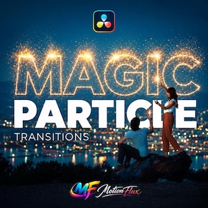 Puede incluir: Imagen promocional con el texto "MAGIC PARTICLES TRANSITIONS" en letras doradas brillantes. Dos personas sostienen bengalas. El logotipo de Motion Flux está en la parte inferior, sobre un cielo nocturno azul oscuro.