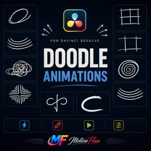 May include: A digital asset pack featuring white hand-drawn doodle animations on a dark background. The text reads FOR DAVINCI RESOLVE DOODLE ANIMATIONS and MOTION FLUX. Includes various line shapes, spirals, grids, and four colourful icons at the bottom.