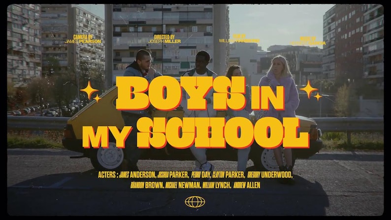 May include: A film poster with the title "BOYS IN MY SCHOOL" in large yellow letters. The poster features a yellow car and several people. The names of the actors, director, and camera person are listed below the title.