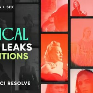Puede incluir: Imagen promocional para software de edici&oacute;n de v&iacute;deo. La imagen presenta el texto "VERTICAL LIGHT LEAKS TRANSITIONS" en verde y blanco, con el logotipo de DaVinci Resolve. El fondo es un collage de im&aacute;genes con una combinaci&oacute;n de colores rojo y naranja.