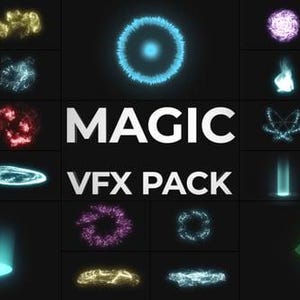 Puede incluir: Una colecci&oacute;n de efectos visuales digitales (VFX), que incluye orbes brillantes, anillos de energ&iacute;a y rastros de luz, en tonos de azul, verde, amarillo y morado. La palabra "MAGIC" se muestra en letras blancas grandes, con "VFX PACK" debajo, todo sobre un fondo negro.