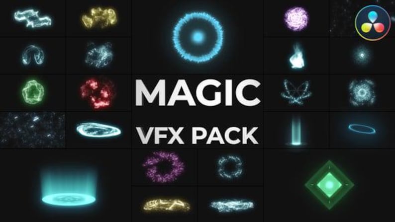 Puede incluir: Una colecci&oacute;n de efectos visuales digitales (VFX), que incluye orbes brillantes, anillos de energ&iacute;a y rastros de luz, en tonos de azul, verde, amarillo y morado. La palabra "MAGIC" se muestra en letras blancas grandes, con "VFX PACK" debajo, todo sobre un fondo negro.