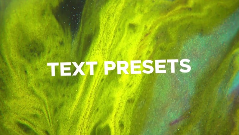 May include: Abstract background with a swirling pattern of green and yellow hues, with hints of blue and purple. The words "TEXT PRESETS" are displayed in bold white letters across the image.