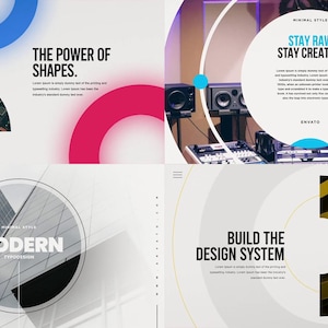 May include: A graphic design presentation with a minimalist style. The design features geometric shapes, including circles and semi-circles, in blue, red, and yellow. Text includes phrases like "The Power of Shapes" and "Stay Raw Stay Creative."