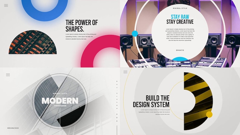 May include: A graphic design presentation with a minimalist style. The design features geometric shapes, including circles and semi-circles, in blue, red, and yellow. Text includes phrases like "The Power of Shapes" and "Stay Raw Stay Creative."
