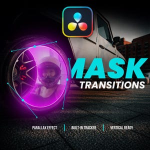 Puede incluir: Imagen promocional de "MASK TRANSITIONS" con una rueda de coche iluminada en púrpura. Se ve a una persona con casco dentro de la rueda. El texto incluye "MASK TRANSITIONS", "PARALLAX EFFECT", "BUILT-IN TRACKER" y "VERTICAL READY". Un logotipo está en la parte superior izquierda.