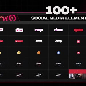 May include: A dark screen displays a collection of social media elements. The text "100+ SOCIAL MEDIA ELEMENTS" is at the top. Icons include "Like," "Follow," and "Subscribe" buttons, along with emoji faces and social media logos.