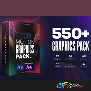 May include: A product box with the words "MOTION GRAPHICS PACK" in large white letters. The box is a gradient of green, pink, and purple. The text "550+ GRAPHICS PACK" is also displayed, along with icons and text indicating features.