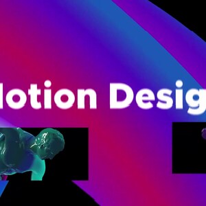May include: A graphic with a purple, blue, and pink gradient background. White text reads "Motion Design". Two small images of sculptures are included. The Envato logo is in the upper left corner.