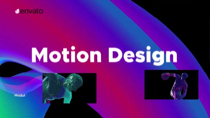 May include: A graphic with a purple, blue, and pink gradient background. White text reads "Motion Design". Two small images of sculptures are included. The Envato logo is in the upper left corner.