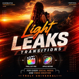 Puede incluir: Un gráfico digital para Light Leaks Transitions con un paisaje de montaña al atardecer, el texto Light Leaks Transitions e iconos de Final Cut Pro y Apple Motion, con destellos de luz naranja sobre un fondo oscuro.