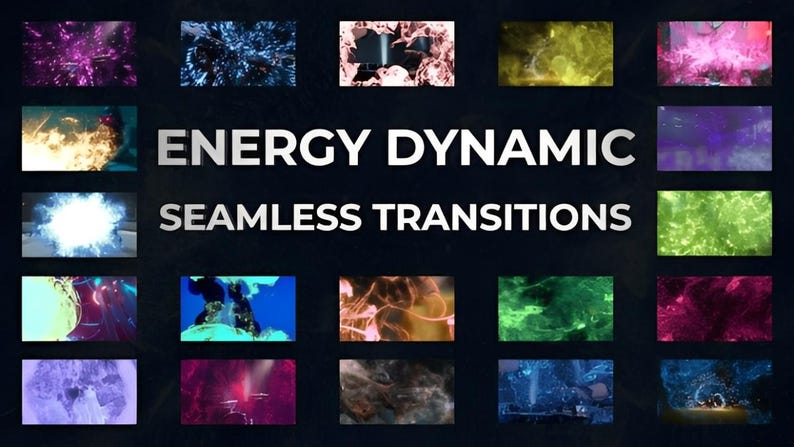 Puede incluir: Un fondo oscuro con las palabras "ENERGY DYNAMIC SEAMLESS TRANSITIONS" en blanco. La imagen presenta una cuadr&iacute;cula de efectos visuales abstractos coloridos, incluyendo explosiones, luces giratorias y r&aacute;fagas de energ&iacute;a.