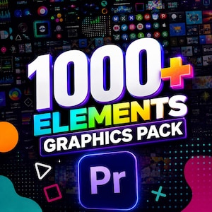 Könnte beinhalten: Ein digitales Grafikdesign-Asset-Paket mit dem fetten weißen Text 1000+ ELEMENTS GRAPHICS PACK und einem Farbverlauf-Pluszeichen. Darunter zeigt ein violettes abgerundetes Quadrat die weißen Buchstaben Pr, umgeben von verschiedenen geometrischen Formen.