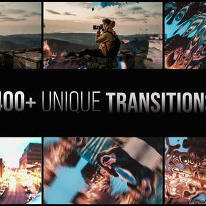 May include: A collage of six images with various visual effects. The top row features a person with a camera, a fire, and abstract patterns. The bottom row shows cityscapes and more abstract designs. The text "400+ UNIQUE TRANSITIONS" is displayed in the center.