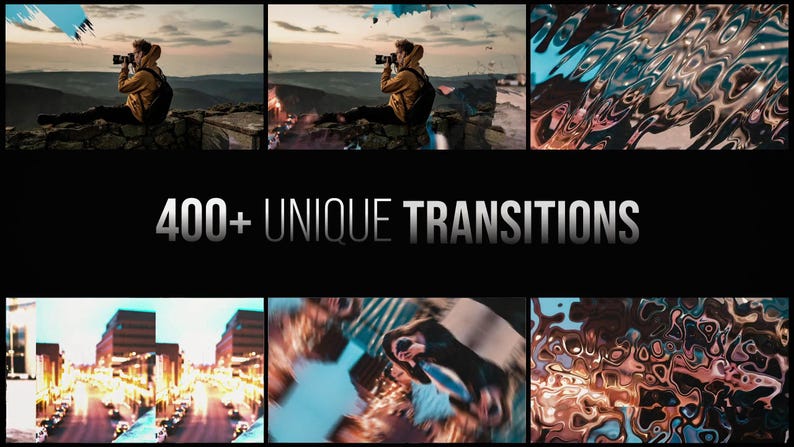 May include: A collage of six images with various visual effects. The top row features a person with a camera, a fire, and abstract patterns. The bottom row shows cityscapes and more abstract designs. The text "400+ UNIQUE TRANSITIONS" is displayed in the center.