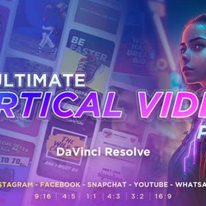 Puede incluir: Gr&aacute;fico digital que promociona un paquete de v&iacute;deo vertical para plataformas de redes sociales. La imagen presenta el texto "THE ULTIMATE VERTICAL VIDEO PACK" con un efecto de degradado ne&oacute;n. Incluye el logotipo de DaVinci Resolve y relaciones de aspecto.