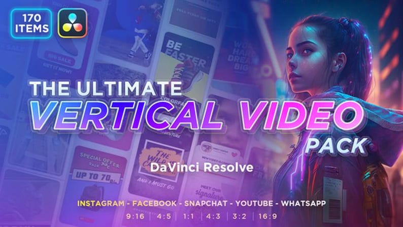 Puede incluir: Gr&aacute;fico digital que promociona un paquete de v&iacute;deo vertical para plataformas de redes sociales. La imagen presenta el texto "THE ULTIMATE VERTICAL VIDEO PACK" con un efecto de degradado ne&oacute;n. Incluye el logotipo de DaVinci Resolve y relaciones de aspecto.