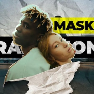 Puede incluir: Imagen estilizada con dos personas, una con piel oscura y otra clara, apoyadas la una en la otra. Las palabras "MASKED" y "TRANSITIONS" se muestran en negrita. El fondo tiene un efecto de papel arrugado y texturizado.