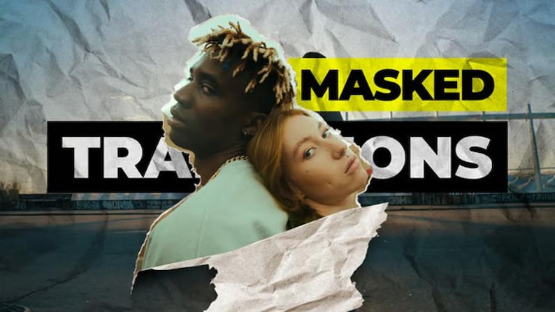 Puede incluir: Imagen estilizada con dos personas, una con piel oscura y otra clara, apoyadas la una en la otra. Las palabras "MASKED" y "TRANSITIONS" se muestran en negrita. El fondo tiene un efecto de papel arrugado y texturizado.
