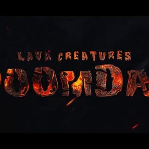 May include: The words "LAVA CREATURES DOOMSDAY" are displayed in a fiery, lava-like font against a dark background. The letters glow with orange and red hues, suggesting heat and molten rock. A purple "Pr" logo is in the top right.