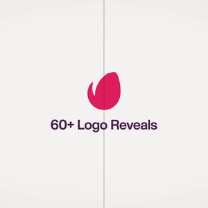 May include: A graphic with a magenta teardrop-shaped logo and the text "60+ Logo Reveals" in a dark purple font. The background is a light beige color with a vertical line in the center.