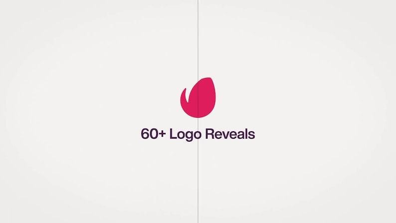 May include: A graphic with a magenta teardrop-shaped logo and the text "60+ Logo Reveals" in a dark purple font. The background is a light beige color with a vertical line in the center.