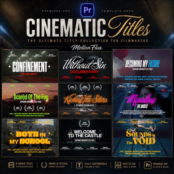 Cinematic Premiere Pro Titles Pack, Film Title Templates, YouTube Intro Templates for Video Editors